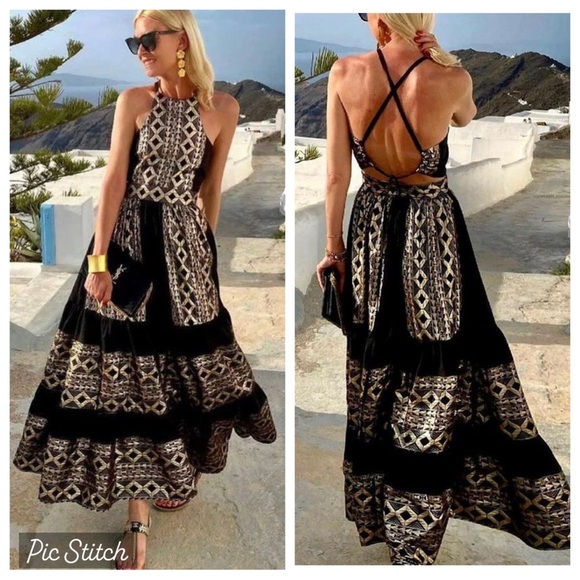 Anthropologie Dresses & Skirts - Lace the label geometric metallic print lace up back tiered maxi dress anthro